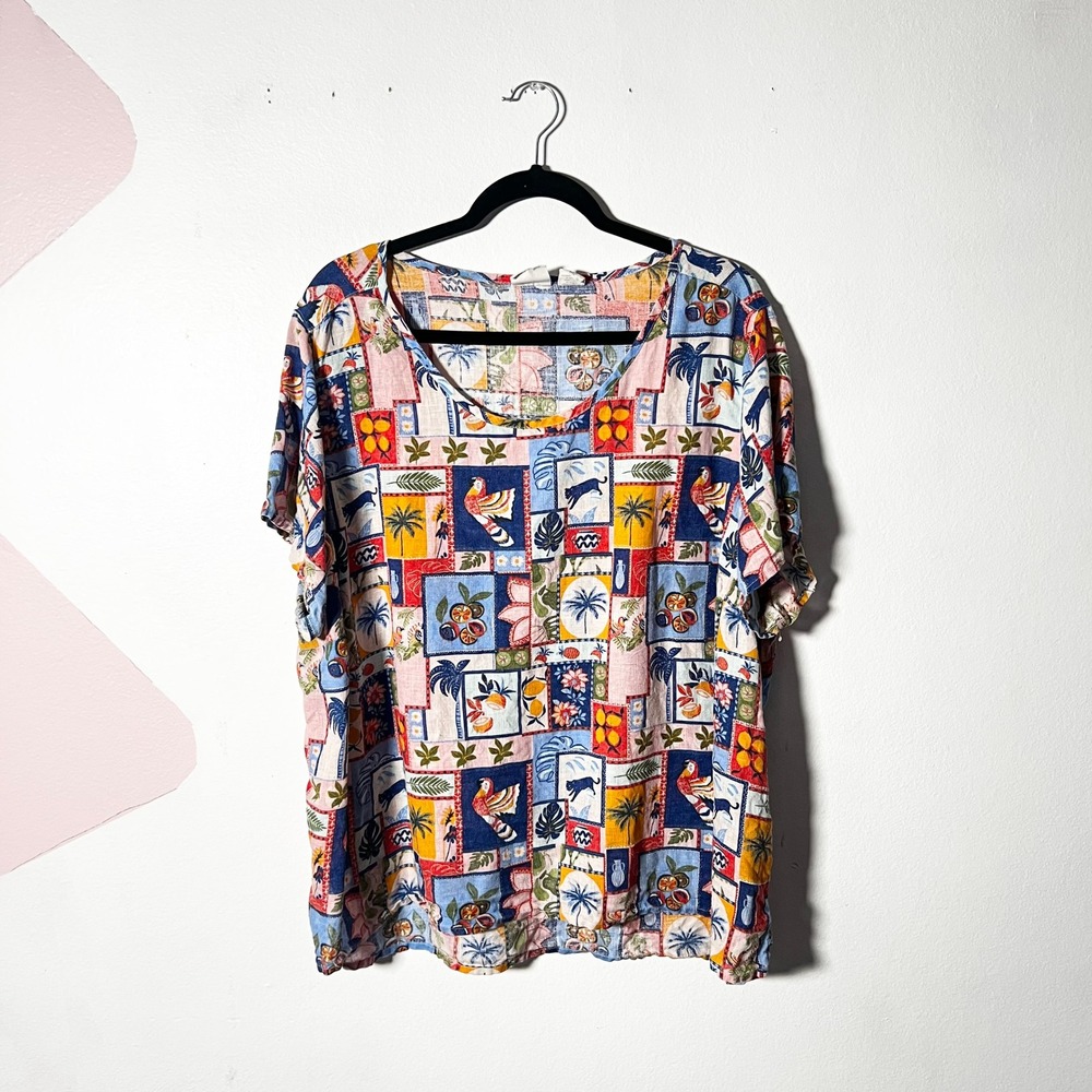 C&C California 100% Linen Top 2X Tropical Patchwork Colorful